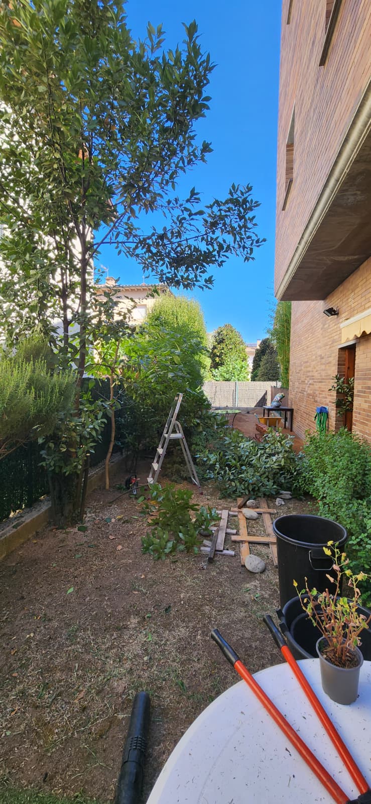 Jardí durant la poda i la neteja abans d'instal·lar gespa a Osona