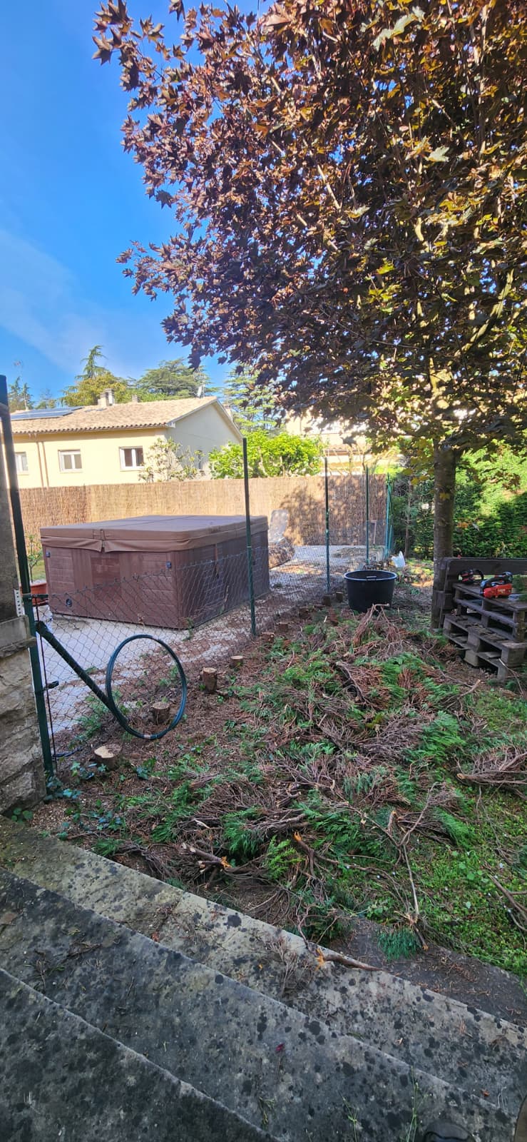 Jardí descuidat amb restes vegetals abans de la neteja a Osona
